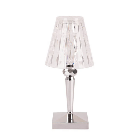 Kristall-Tischlampe, transparent, modern, elegantes Design, ideal für Wohnzimmer oder Büro.