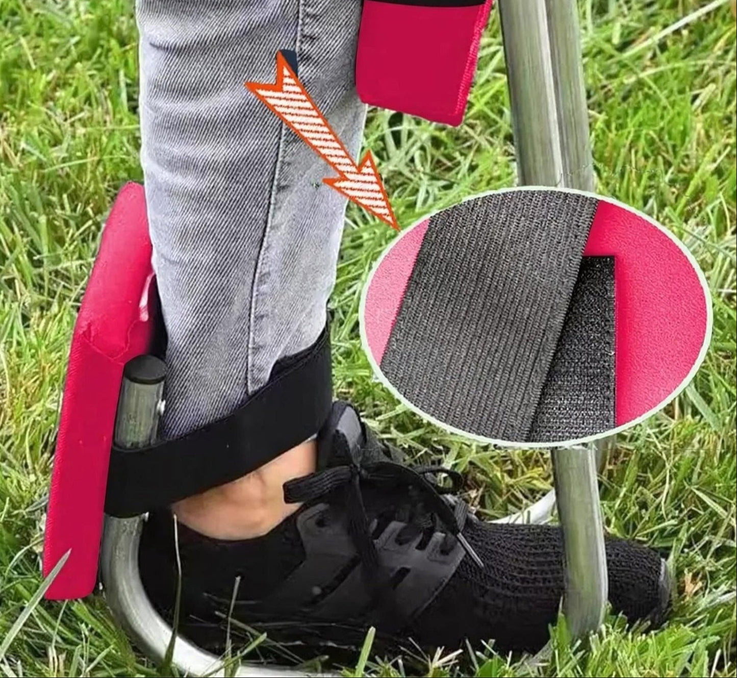 Verstellbare Kniebandage, schwarz-rot, für Unterstützung und Komfort beim Gehen.