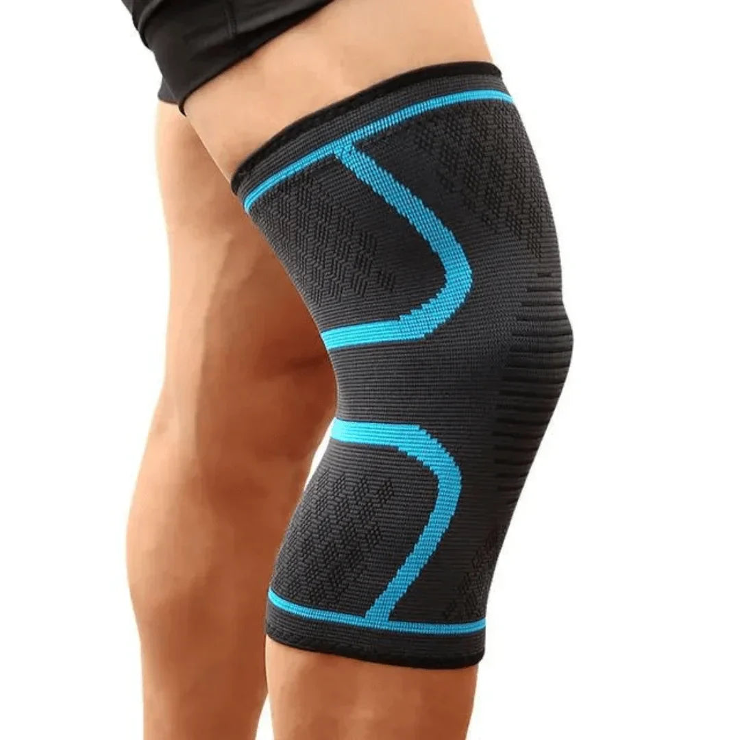 Schwarze Kniebandage mit blauen Streifen, elastisch, für Sport und Unterstützung.