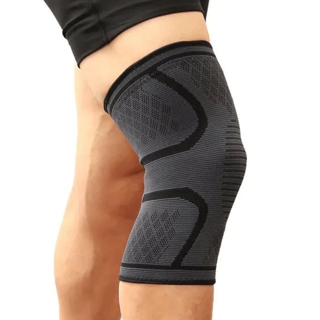 Grau-schwarze Kniebandage, elastisch, für Sport und Unterstützung, Unisex-Design.