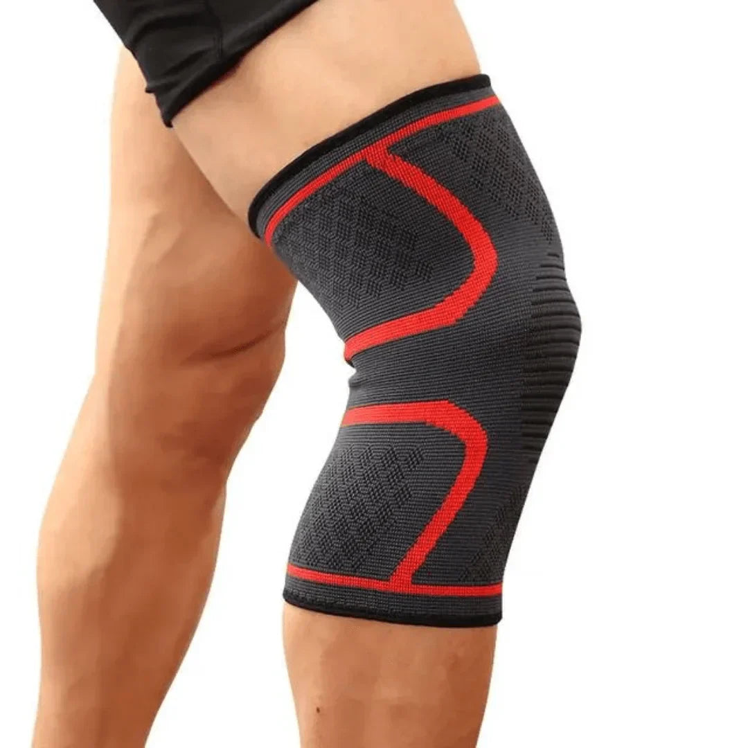 Schwarze Kniebandage mit roten Akzenten, elastisch, für Sport und Unterstützung.