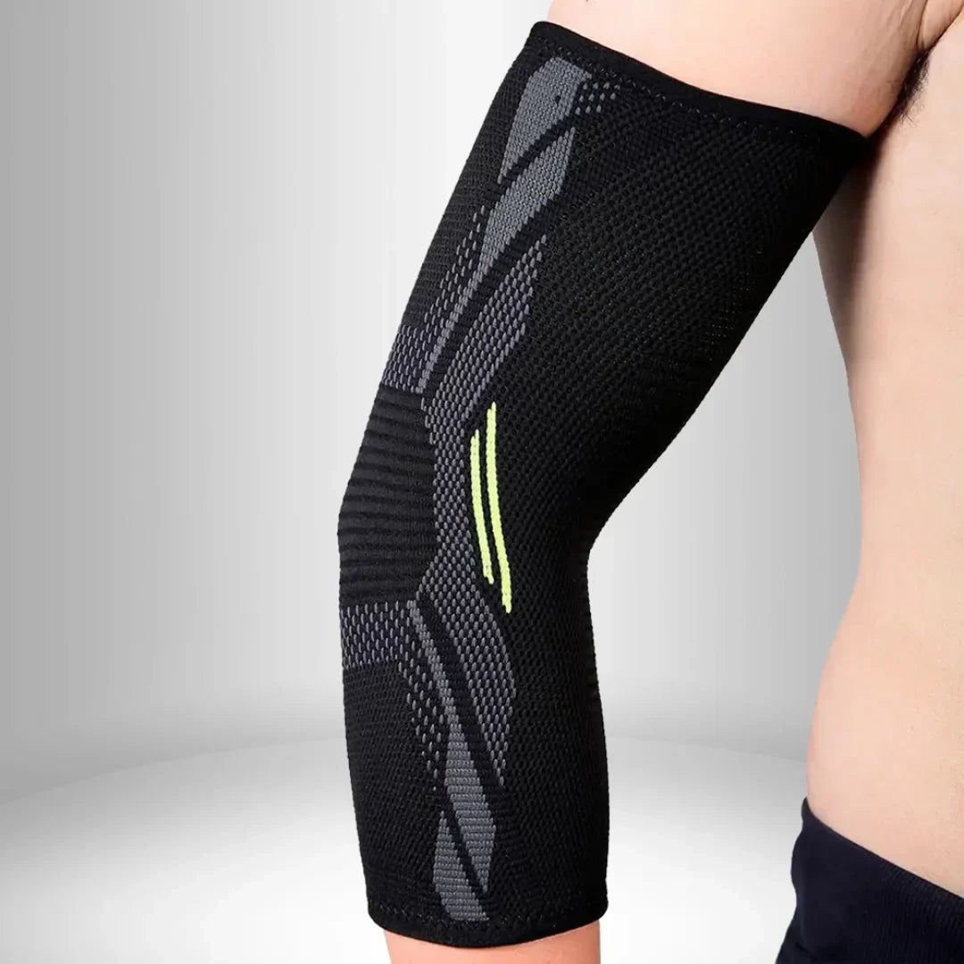 Schwarze Ellbogenbandage, atmungsaktiv, Kompression, Sport, Verletzungsprävention.