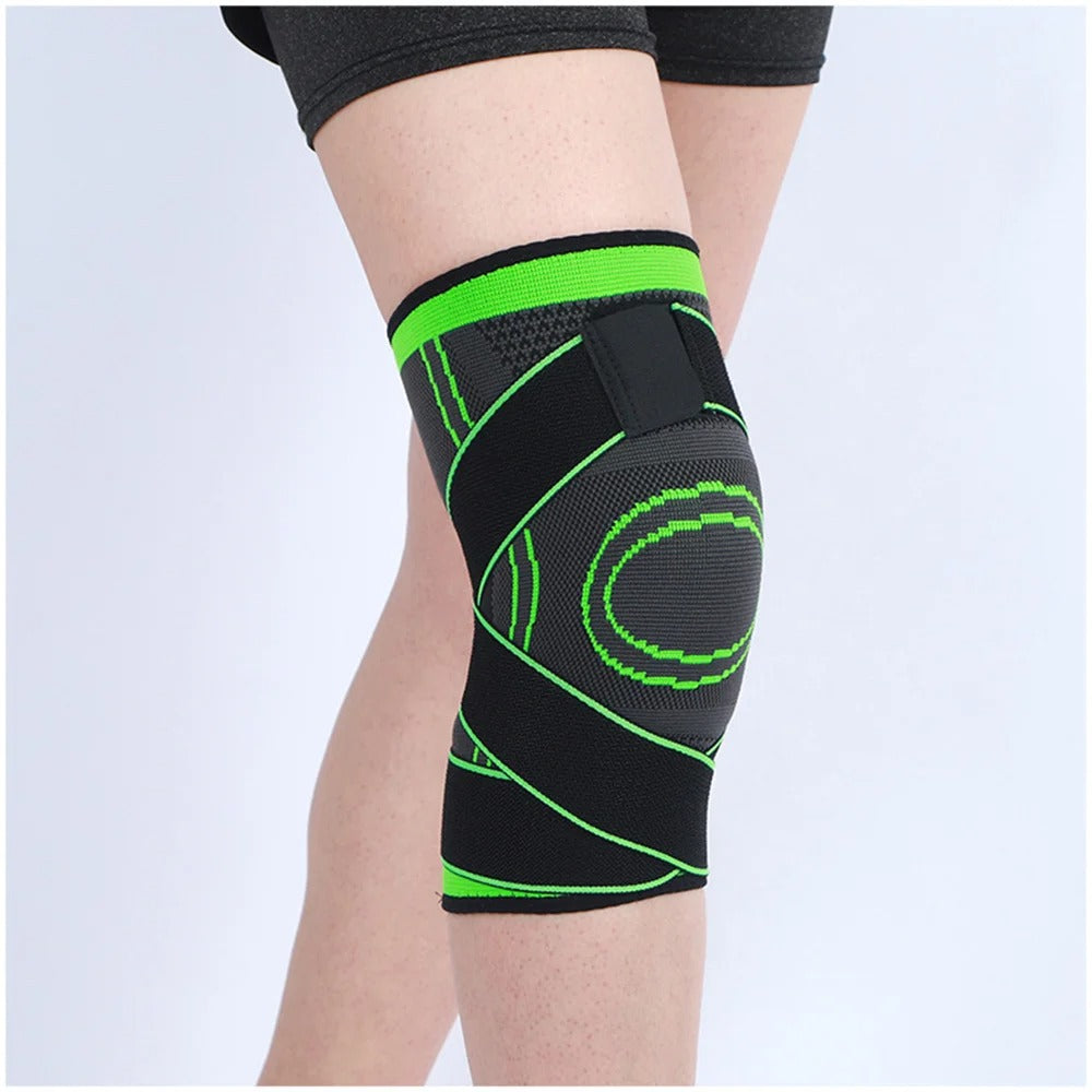 Schwarze Kniebandage mit grünen Akzenten, elastisch, für Sport und Unterstützung.