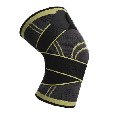 Schwarze Kniebandage mit grünen Streifen, elastisch, atmungsaktiv, für Sport und Unterstützung.