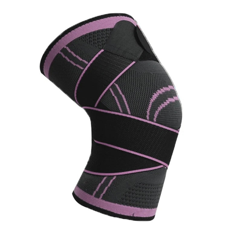 Schwarze Kniebandage mit lila Akzenten, elastisch, für Sport und Unterstützung.