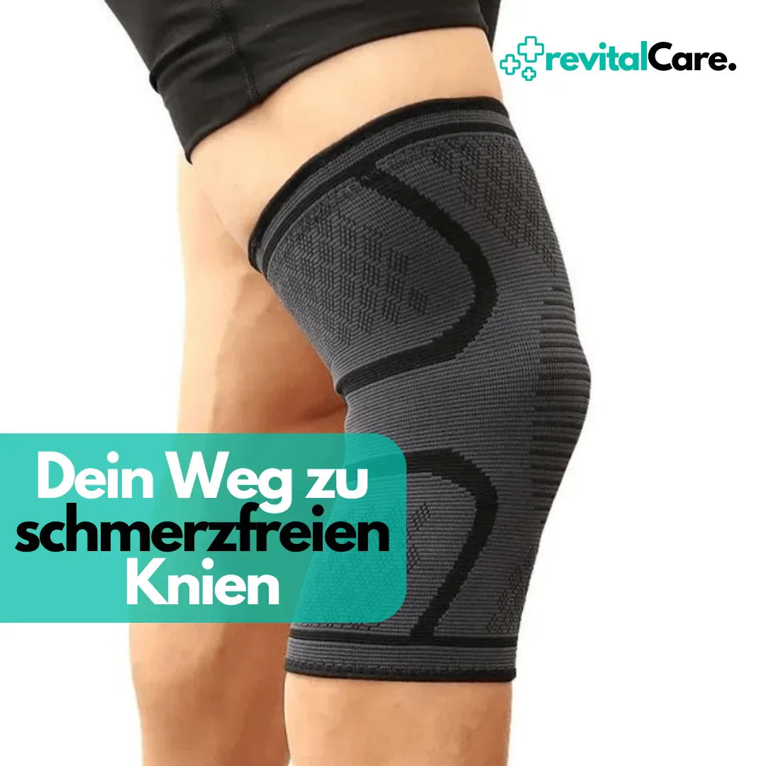 Schwarze Kniebandage für Schmerzlinderung, elastisch, atmungsaktiv, von revitalCare.