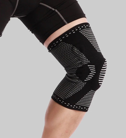 Schwarze Kniebandage, elastisch, atmungsaktiv, für Sport und Unterstützung.
