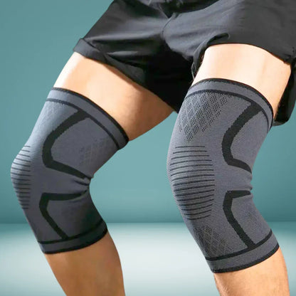 Graue Kompressions-Knieschoner für Sport, elastisch, atmungsaktiv, ideal für Fitness.