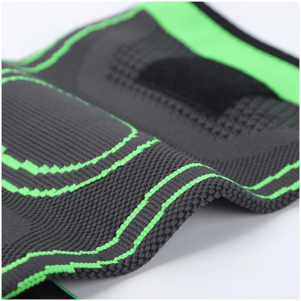Graue und grüne Kniebandage, elastisch, atmungsaktiv, für Sport und Fitness.