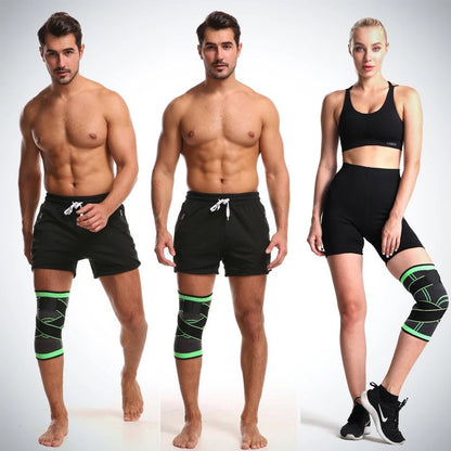 Drei Personen tragen schwarze Kompressions-Knieschoner mit grünen Akzenten, Sportbekleidung.