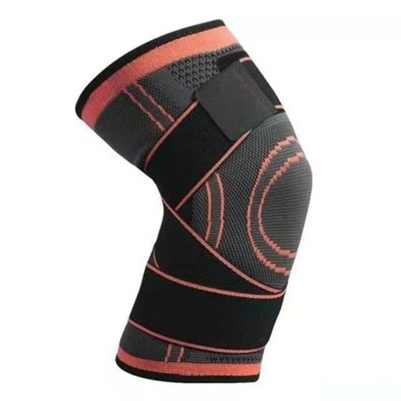 Schwarze Kniebandage mit orangefarbenen Streifen, elastisch, atmungsaktiv, für Sport und Fitness.