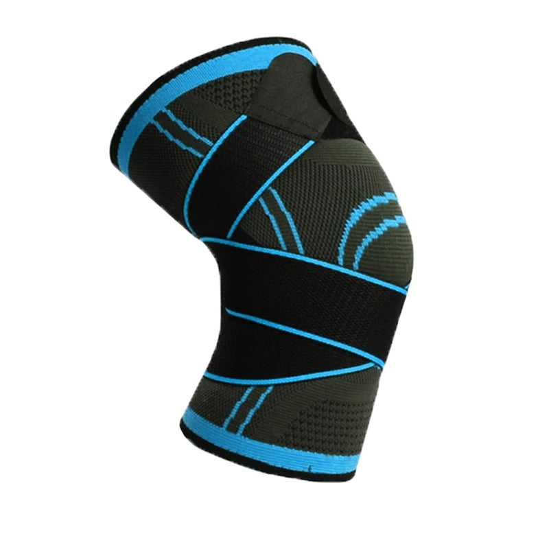 Schwarze Kniebandage mit blauen Streifen, elastisch, atmungsaktiv, für Sport und Unterstützung.