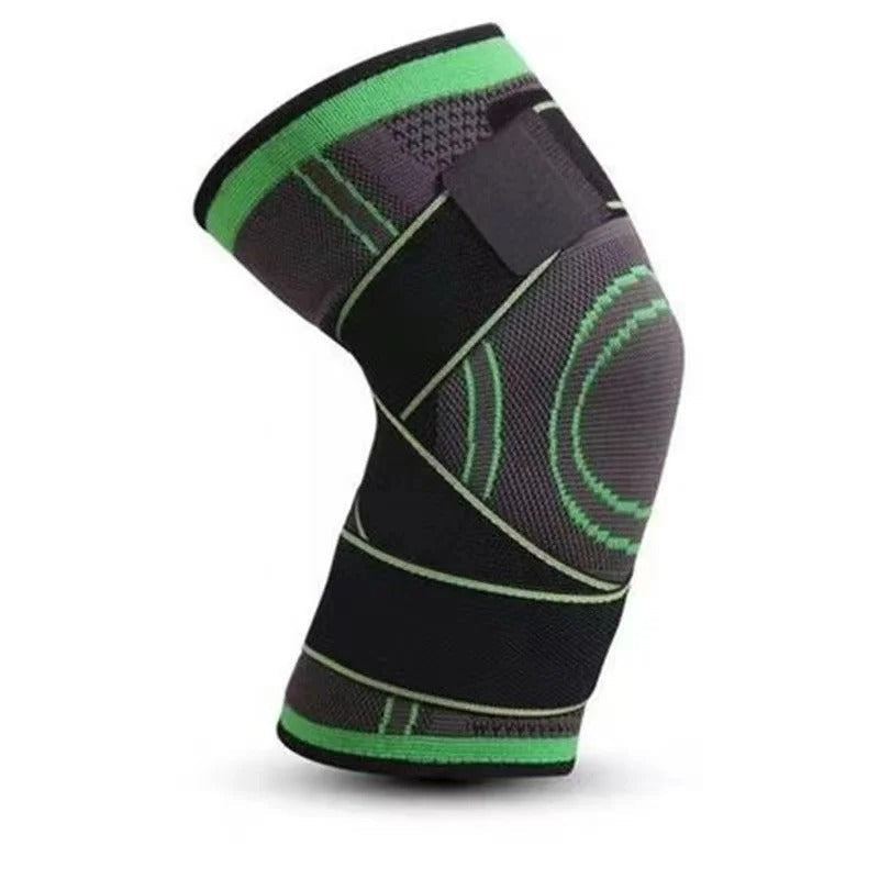 Schwarze und grüne Kniebandage, elastisch, für Sport und Unterstützung.