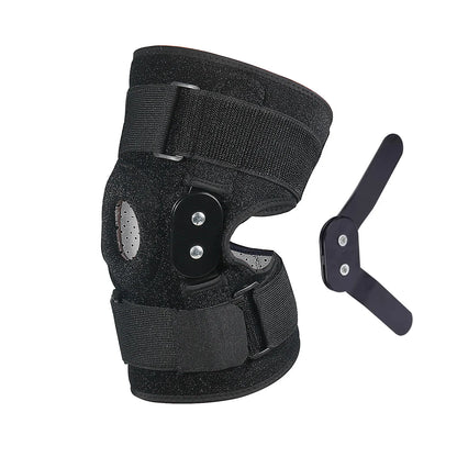 Schwarze Kniebandage mit Scharnier, verstellbar, für Sport und Rehabilitation.