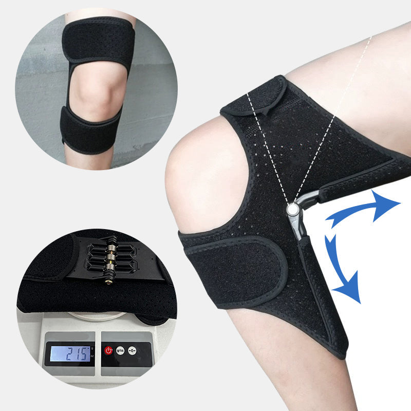 Schwarze Kniebandage mit Federunterstützung, verstellbar, für Schmerzlinderung und Stabilität.