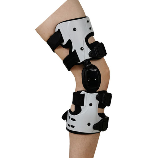 Orthopädische Knieorthese, weiß, verstellbar, für Stabilität und Unterstützung bei Verletzungen.