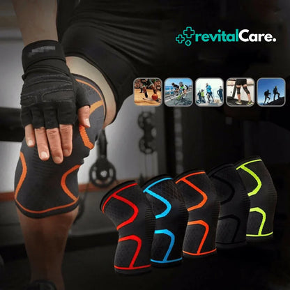 Kniebandage Sport Kompression, schwarz-orange, elastisch, für Fitness und Erholung.