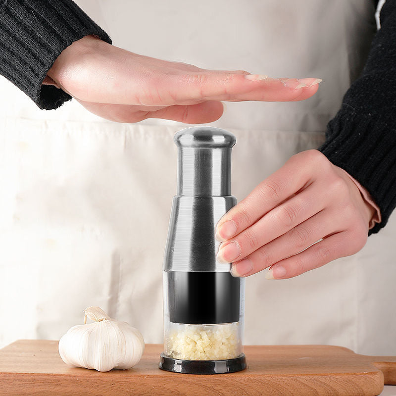 Knoblauchpresse Edelstahl manuell, Küchenwerkzeug, Knoblauch zerkleinern, ergonomisches Design.