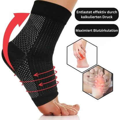 Schwarze Kompressionsbandage für Fuß, verbessert Blutzirkulation, reduziert Druck.