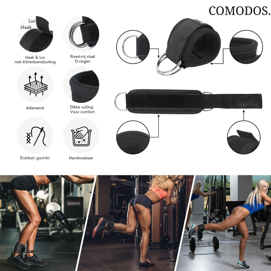 Schwarze Knöchelmanschette Fitness, verstellbar, atmungsaktiv, mit D-Ring, für Krafttraining.