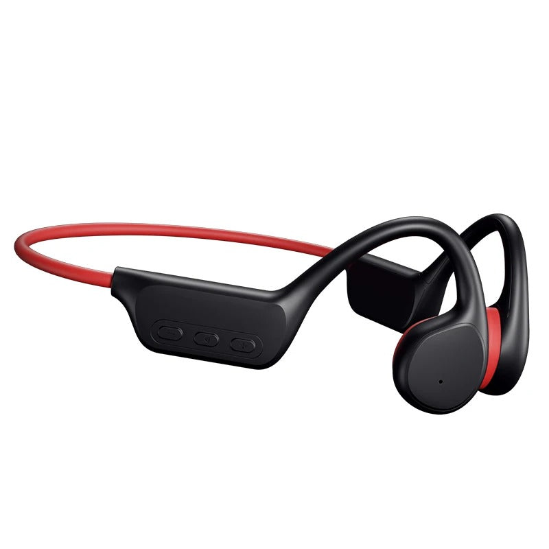 Schwarze und rote kabellose Knochenleitungs-Kopfhörer, Bluetooth, Sport, leicht, ergonomisch.