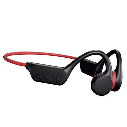 Schwarze und rote kabellose Knochenleitungs-Kopfhörer, Bluetooth, Sport, leicht, ergonomisch.