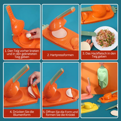 Orange Knödelpresse Set, Kunststoff, Schritt-für-Schritt-Anleitung, Teig- und Fleischfüllung.
