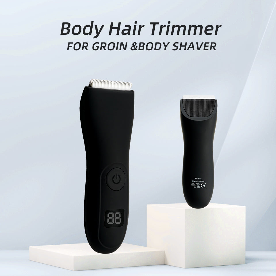 Schwarzer Körperhaarschneider für Intimbereich, digitaler Bildschirm, ergonomisches Design.