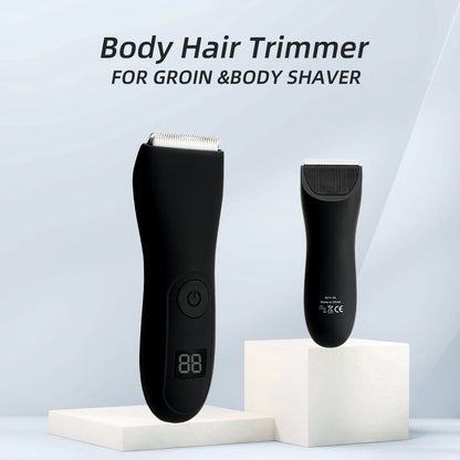 Schwarzer Körperhaarschneider für Intimbereich, digitaler Bildschirm, ergonomisches Design.