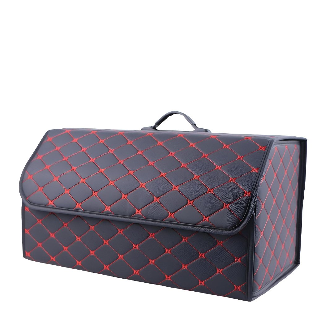 Schwarze Kofferraumtasche mit rotem Rautenmuster, Auto-Organizer, Lederoptik, groß.