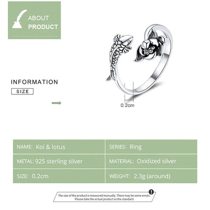 Silberring mit Koi- und Lotus-Design, 925 Sterling, oxidiert, verstellbar, 2,3g.