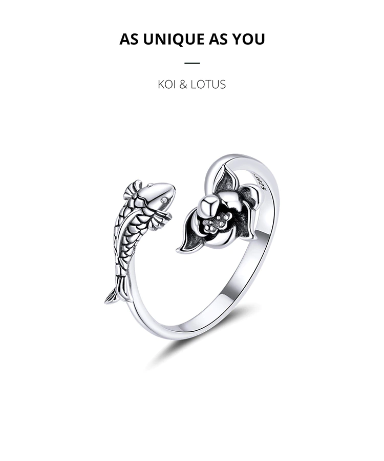 Silberner Koi-Lotus-Ring, verstellbar, einzigartiges Design, Schmuck für Damen.
