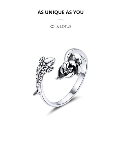 Silberner Koi-Lotus-Ring, verstellbar, einzigartiges Design, Schmuck für Damen.