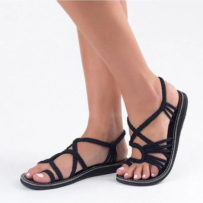 Schwarze Damen-Sandalen, geflochten, bequem, modisch, Sommer, flach, Freizeitkleidung.