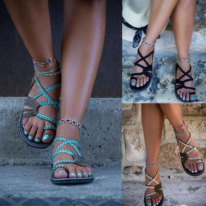 Damen Sandalen, geflochten, bunt, bequem, modisch, Sommer, Freizeit, Strand, Fußkettchen.