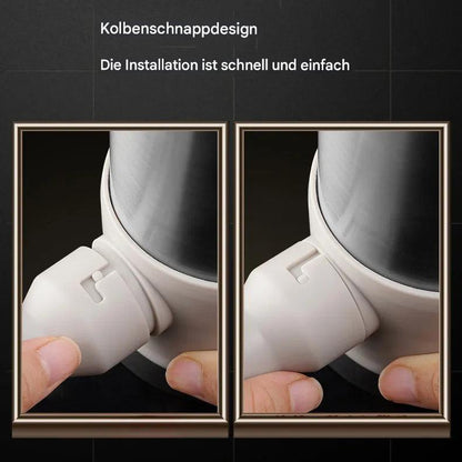 Kolbenschnappdesign, einfache Installation, graues Rohr, weißer Anschluss, Nahaufnahme.