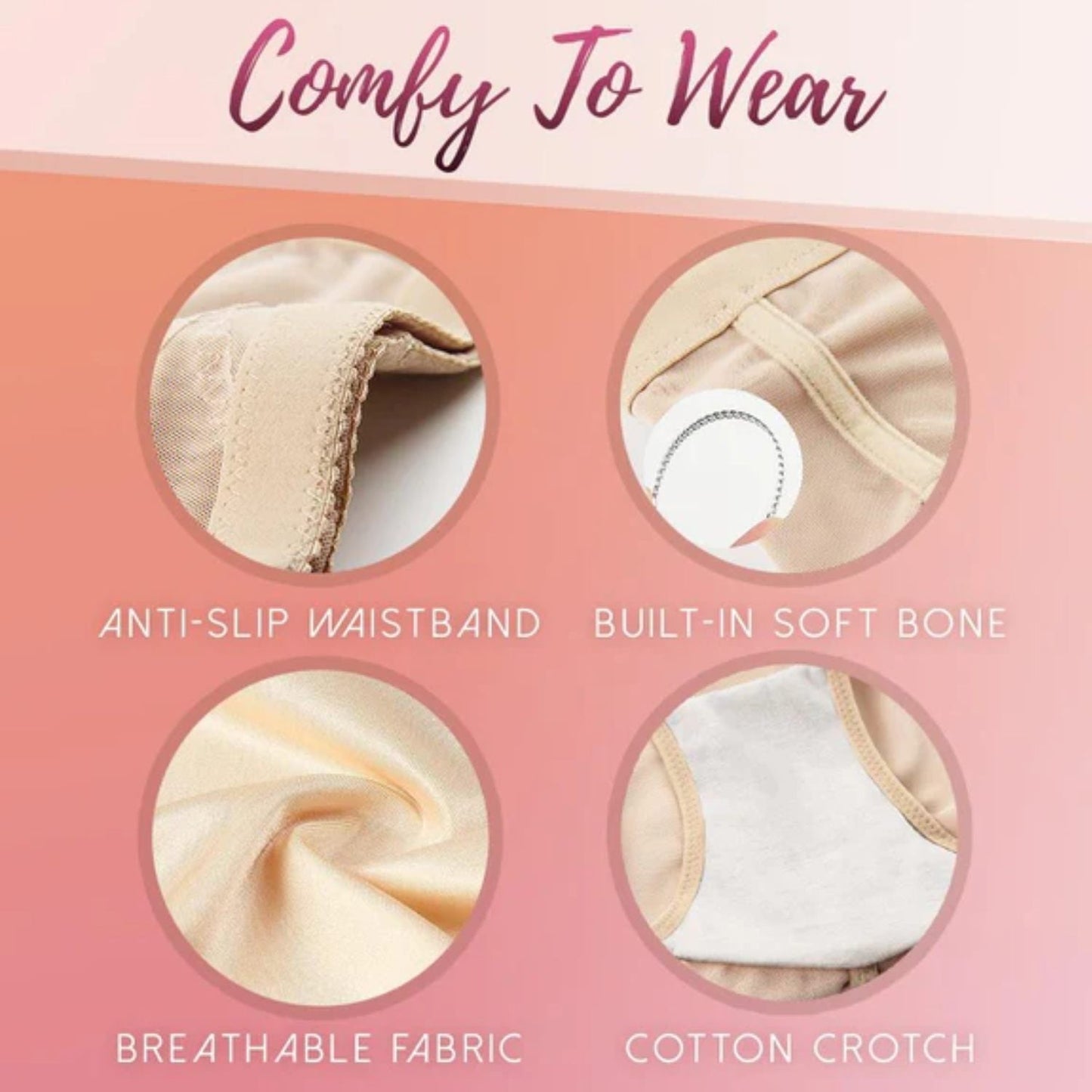 Beige Shapewear mit Anti-Rutsch-Bund, weichem Knochen, atmungsaktivem Stoff, Baumwollzwickel.