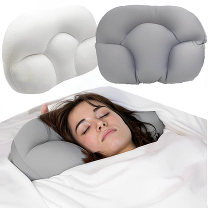 Graues ergonomisches Schlafkissen, Memory-Schaum, Komfort, Unterstützung, Frau schlafend.