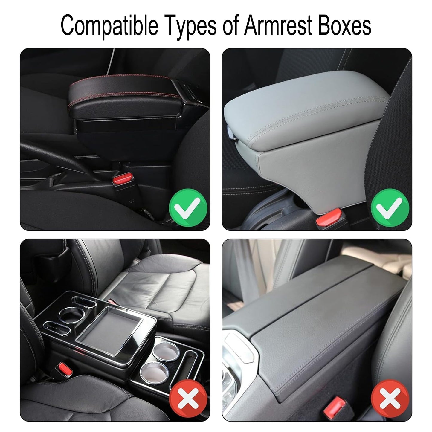 Kompatible Armlehnenboxen für Autos, schwarz und grau, mit rotem Häkchen, Innenraumzubehör.