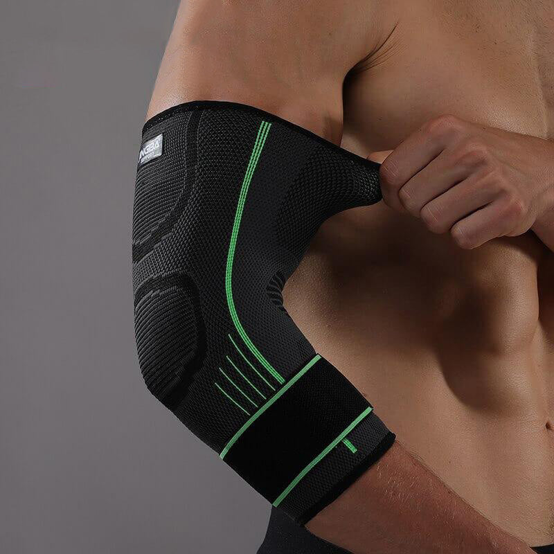 Schwarze Kompressions-Armstütze mit grünen Streifen, elastisch, für Sport und Fitness.
