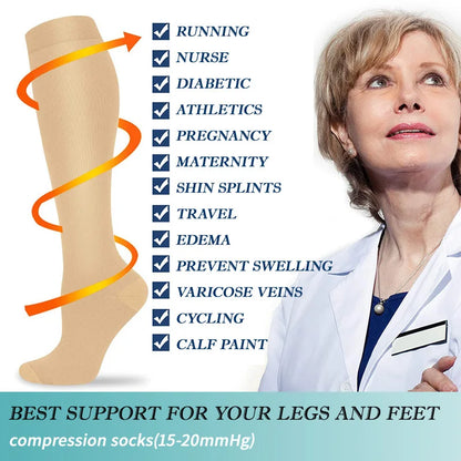 Beige Kompressionsstrümpfe, 15-20mmHg, für Laufen, Schwangerschaft, Krampfadern, Schwellungen.