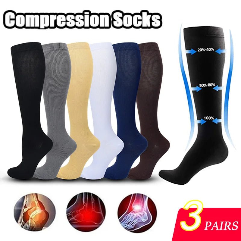 Bunte Kompressionsstrümpfe, 6er-Set, Knielang, Unisex, für Sport und Reisen.