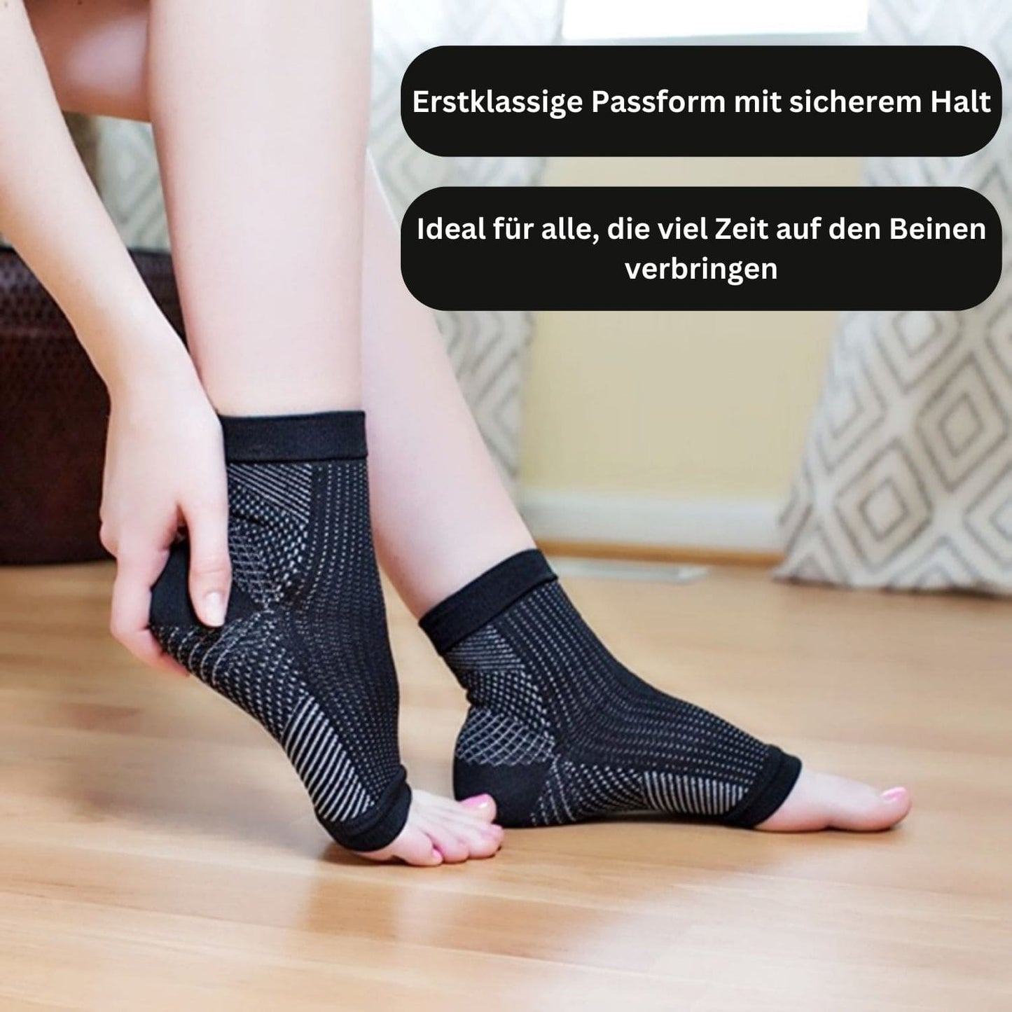 Schwarze Kompressionssocken für Fußunterstützung, ideal für lange Stehzeiten, bequemes Design.