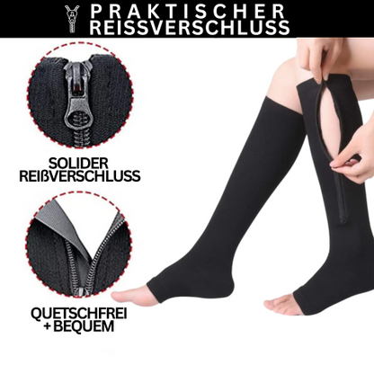 Schwarze Kompressionsstrümpfe mit Reißverschluss, bequem und quetschfrei, für bessere Durchblutung.
