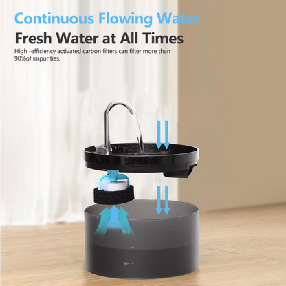Schwarzer Haustier-Wasserspender mit Filter, kontinuierlicher Wasserfluss, hohe Effizienz.