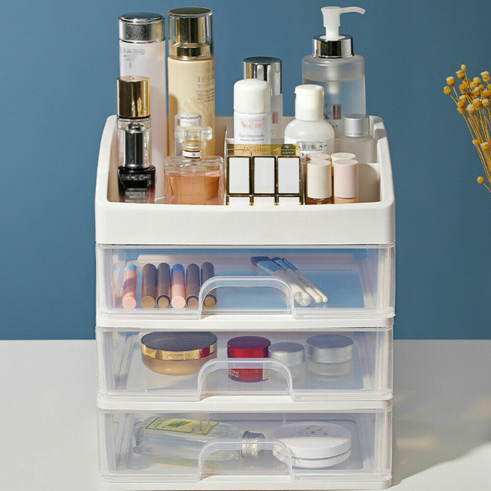 Kosmetik-Organizer aus Kunststoff mit drei Schubladen, weiß, ideal für Make-up-Aufbewahrung.
