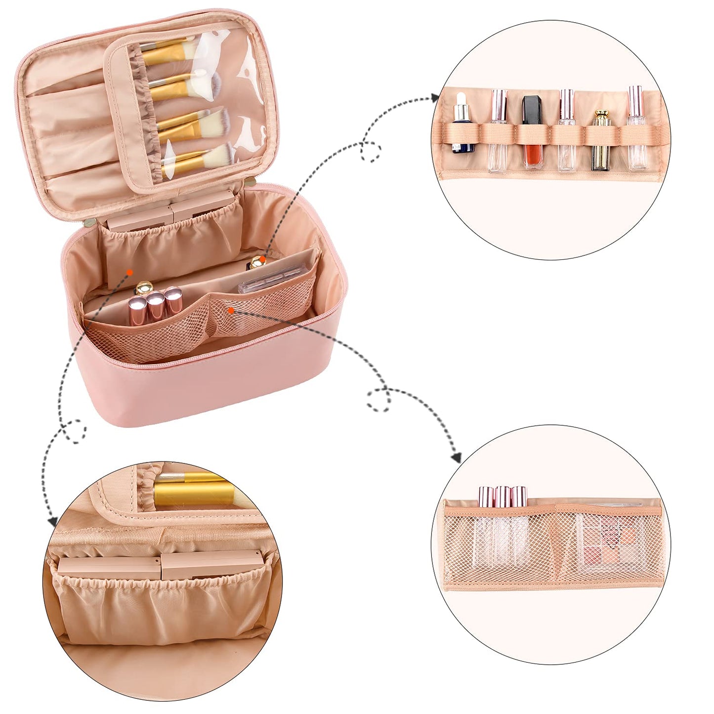 Rosa Kosmetiktasche mit Fächern, ideal für Make-up-Aufbewahrung, Reise-Organizer, wasserdicht.