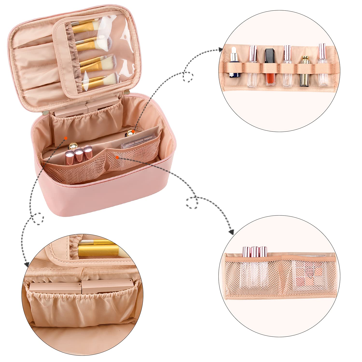 Rosa Kosmetiktasche mit Fächern, ideal für Make-up-Aufbewahrung, Reise-Organizer, wasserdicht.
