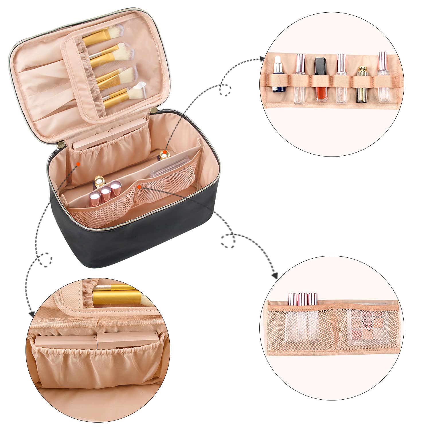 Schwarze Kosmetiktasche mit Pinseln und Make-up, Organizer, Reißverschluss, Reise-Etui.