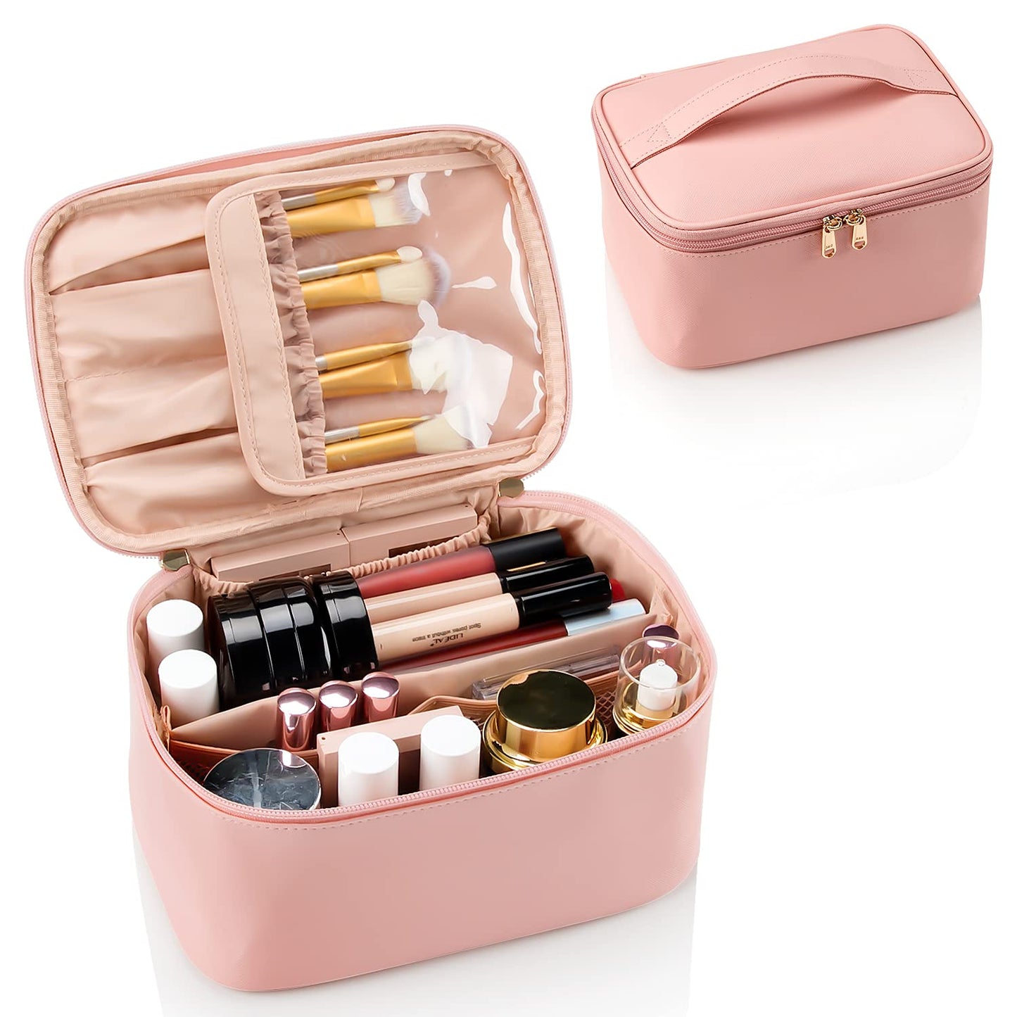 Rosa Kosmetiktasche mit Pinseln und Make-up, tragbar, Organizer, Reißverschluss, Reise-Etui.